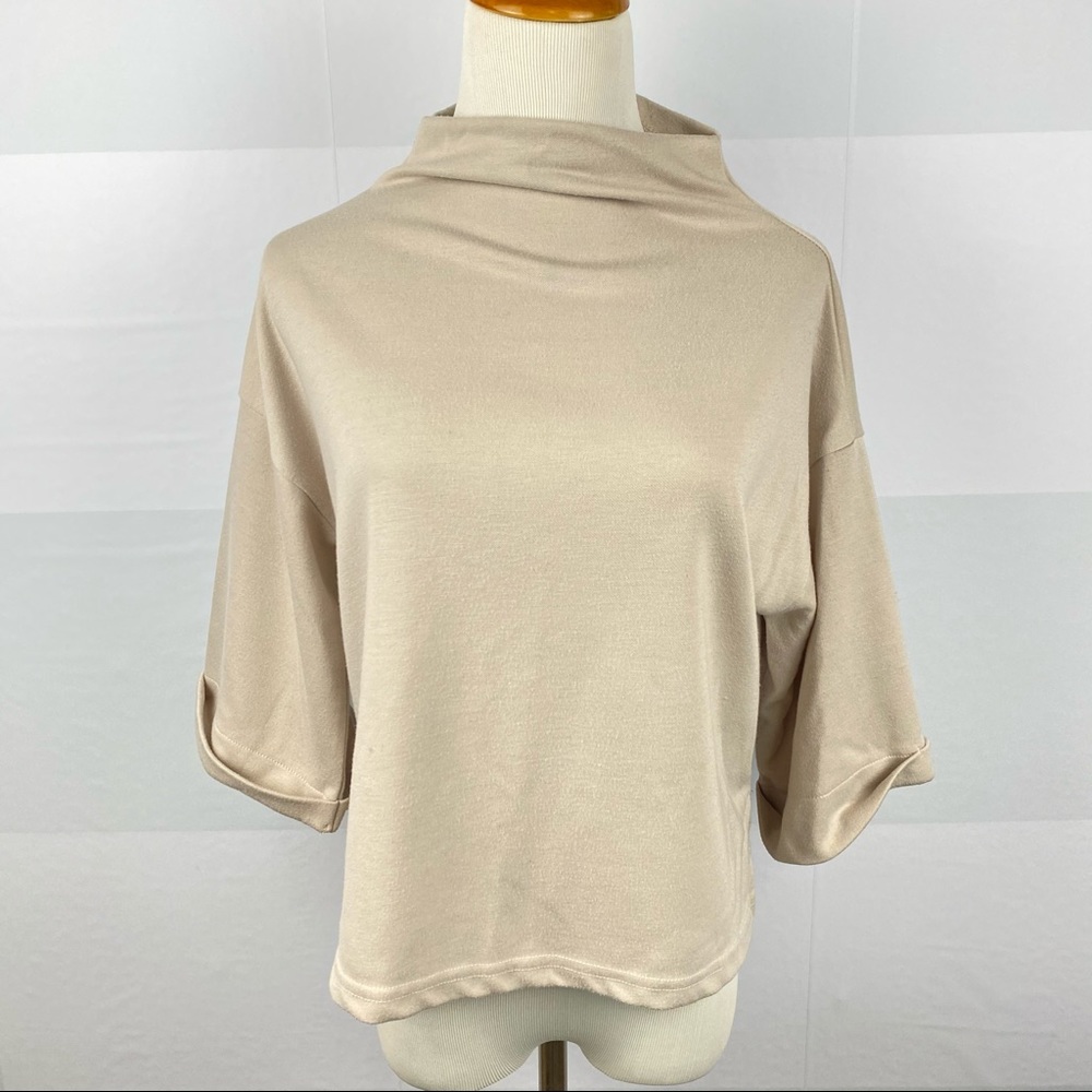 Trendy Mockneck Dolman Sleeves Gray Beige Top - Picture 9 of 10